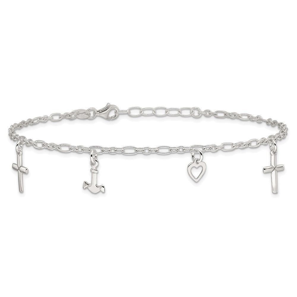 Sterling Silver Cross Heart and Anchor 9in Plus 1in ext Anklet 10 inches
