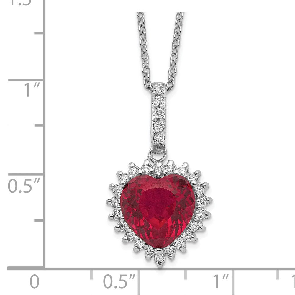 Cheryl M Sterling Silver Rhodium-plated 100 Facet Lab Created Ruby and Brilliant-cut White CZ Heart Halo 18 Inch Necklace 18 Inches