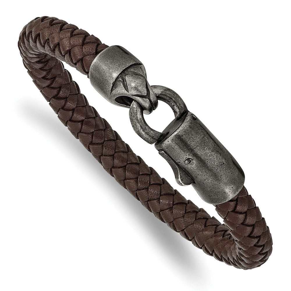Stainless Steel Antique Grey-plated Brown Leather 8.25in Bracelet 8.25 inches