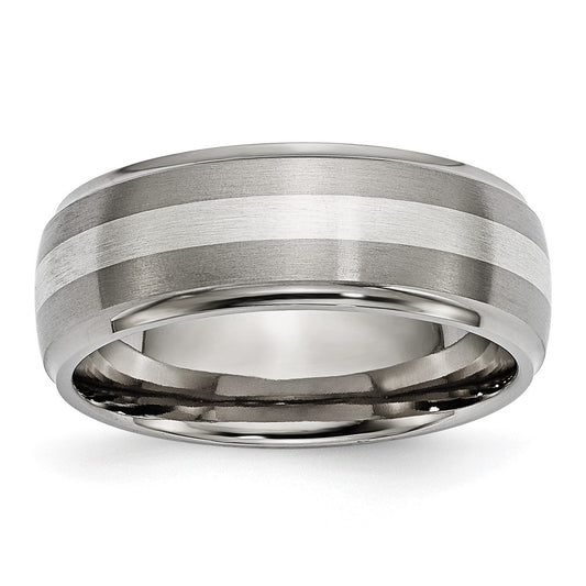 Titanium Brushed/Polished w/Sterling Silver Inlay 8mm Ridged Edge Band Size - 11