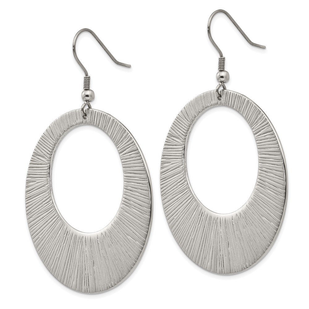 Stainless Steel Polished and Textured Circle Dangle Shepherd Hook Earrings
