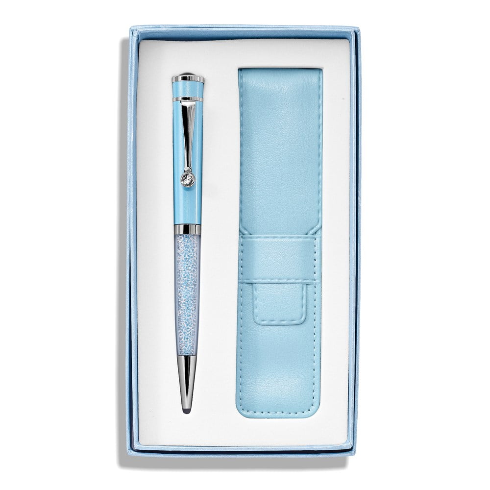 Luxury Giftware by Jere Light Blue Crystal Filled Ballpoint Pen with Matching Vinyl Pouch Set QJBP111LB