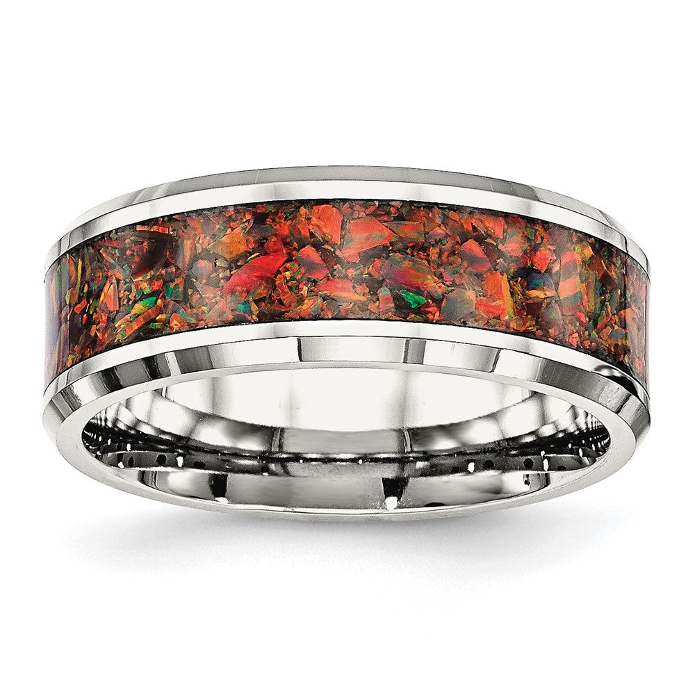 Stainless Steel Polished with Red Imitation Opal Inlay 8mm Band Size - 13