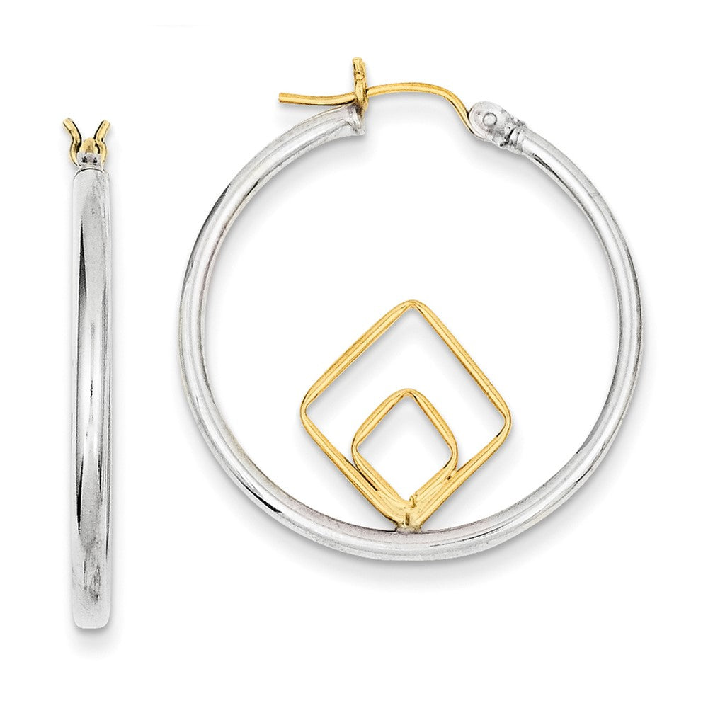 Sterling Silver & 14ky Polished Diamond-shape & Round Hoop Earrings