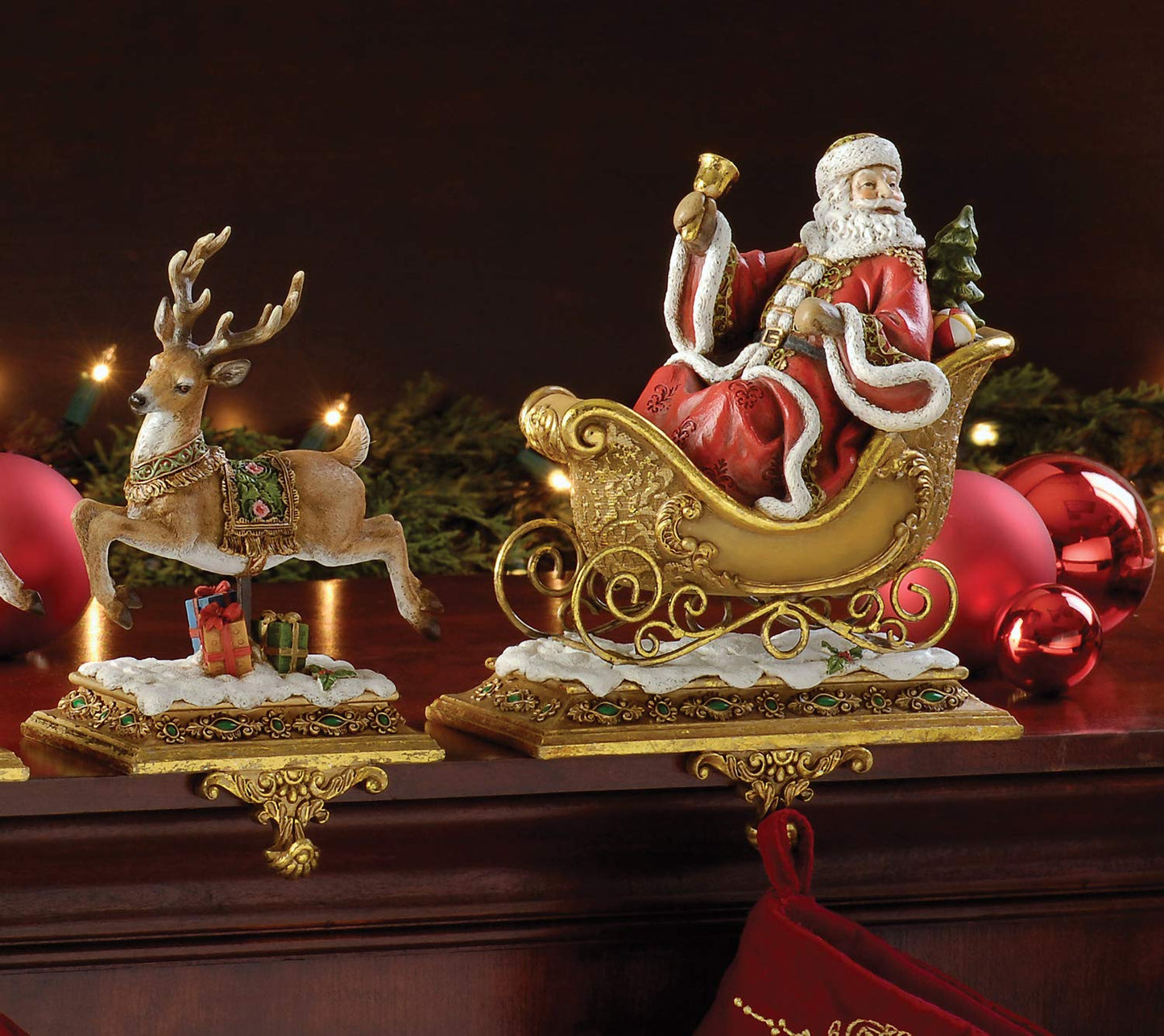 Roman Set of 2 Joseph's Studio Santa Claus and Reindeer Christmas Stocking Holders 9.5"