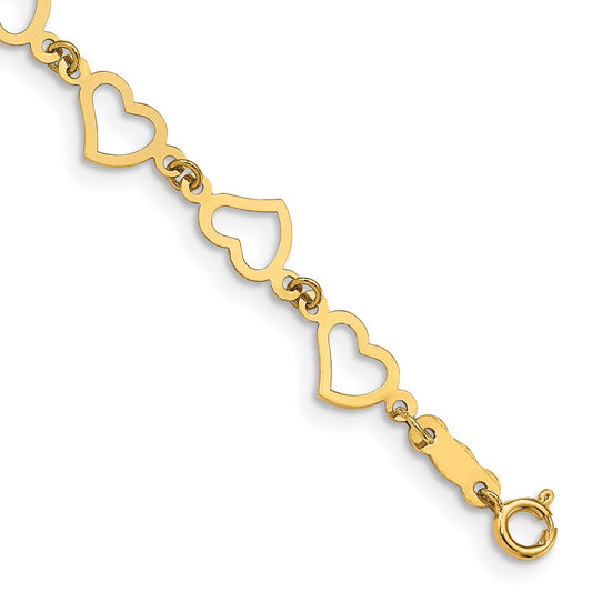 14K Flat Open Hearts Bracelet 6  inches