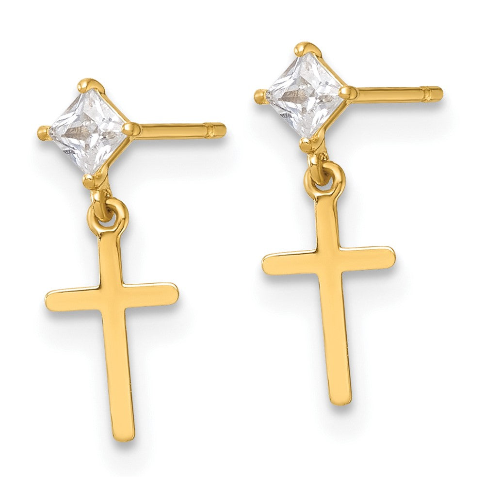 14K Madi K Polished CZ Cross Children's Dangle Post Earrings