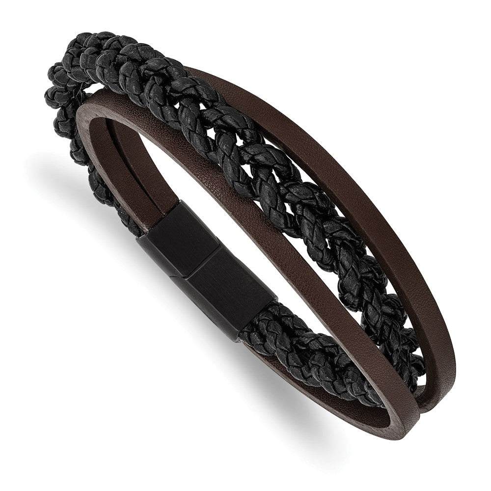 Stainless Steel Brushed Black IP Multi Strand Black/Brown Leather Bracelet 8.25 inches