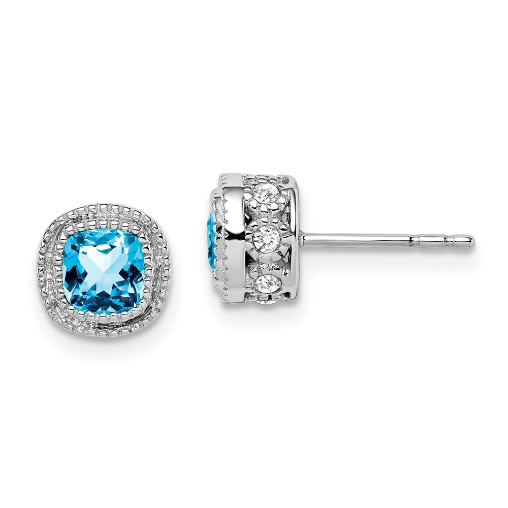 14k White Gold Cushion Blue Topaz and Diamond Earrings