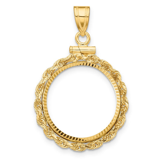 Wideband Distinguished Coin Jewelry 14k Polished Rope and Diamond-cut 17.8mm x 1.35mm Screw Top Coin Bezel Pendant