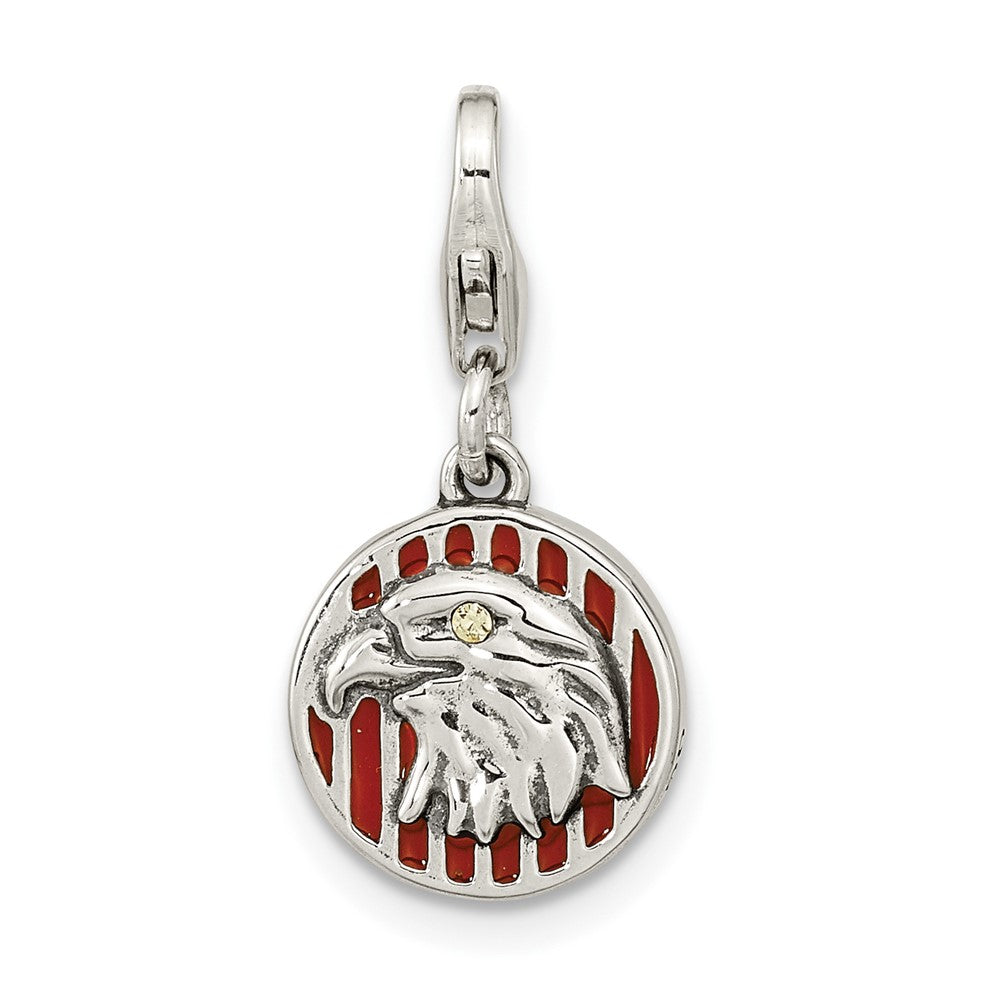 Amore La Vita Sterling Silver Rhodium-plated Polished Antiqued Enameled Crystal Reversible American Flag Eagle Charm with Fancy Lobster Clasp