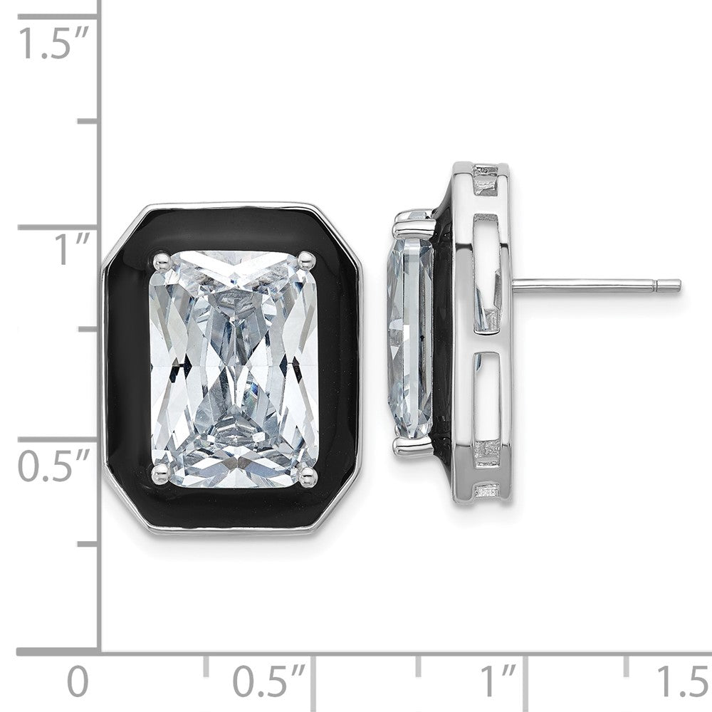 Cheryl M Sterling Silver Rhodium-plated Polished Black Enamel and Emerald-cut CZ Post Earrings