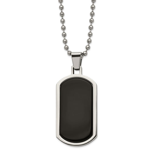 Stainless Steel Polished with Black Agate Inlay 22in Dog Tag Necklace