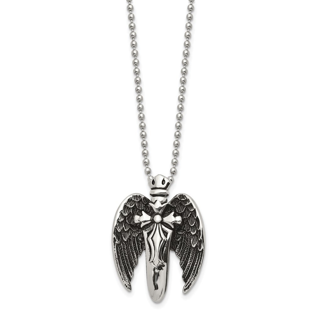 Stainless Steel Antiqued Brushed & Polished Winged Sword Cross Necklace