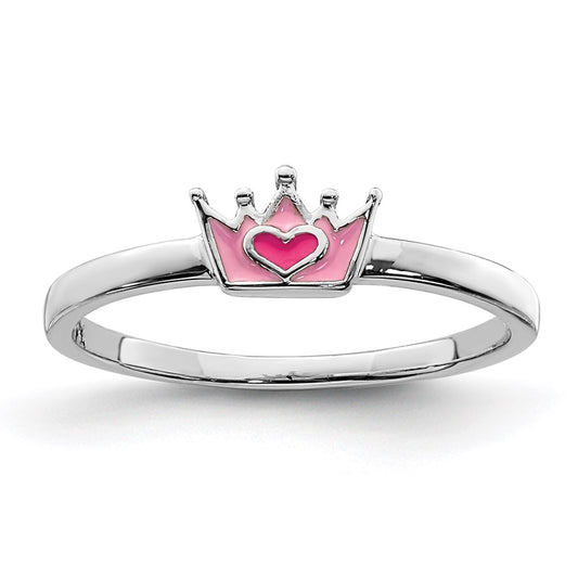 Sterling Silver Rhodium-plated Polished Pink Enamel Crown Children's Ring