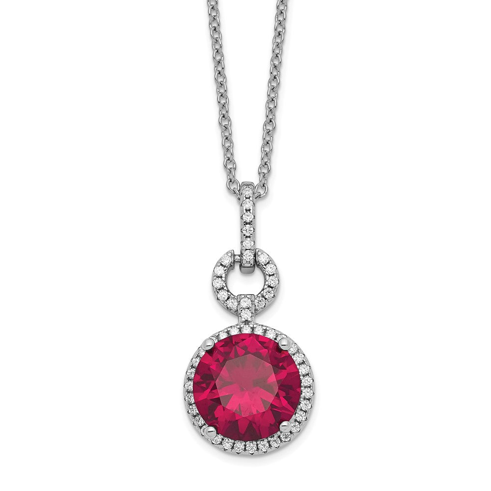Cheryl M Sterling Silver Rhodium-plated Brilliant-cut Lab Created Ruby and Brilliant-cut White CZ Round Halo 18 Inch Necklace 18 Inches