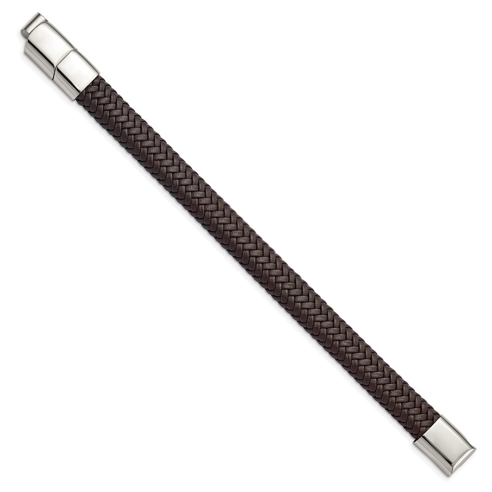 Stainless Steel Polished Woven D.Brown Leather 8in w/.5in ext Bracelet 8 inches