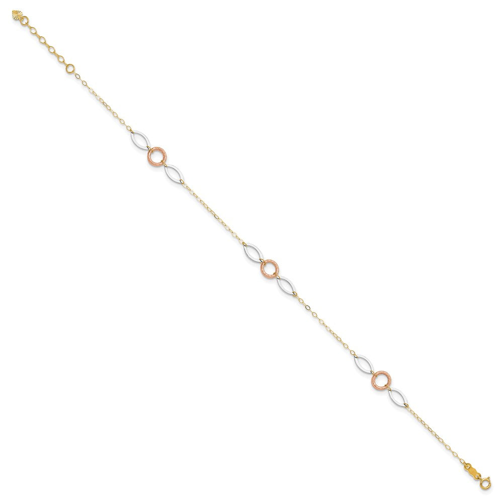 14k Tri-color Circle and Oval 9in Plus 1in ext. Anklet 10 inches