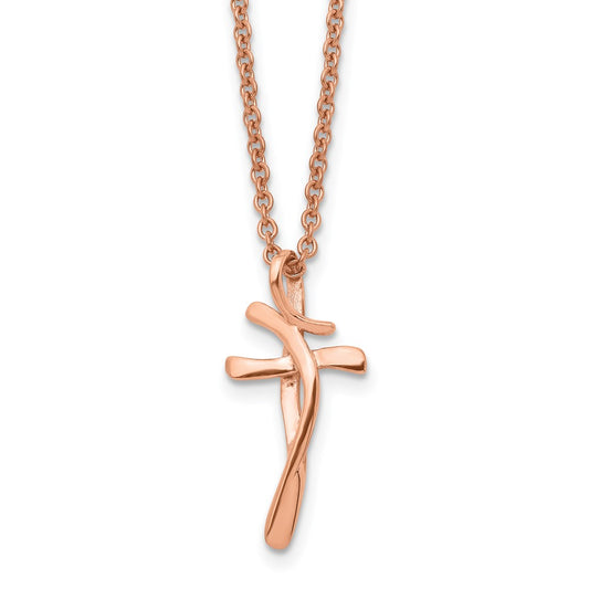 Stainless Steel Polished Rose IP-plated Twisted Cross 18.25in Necklace