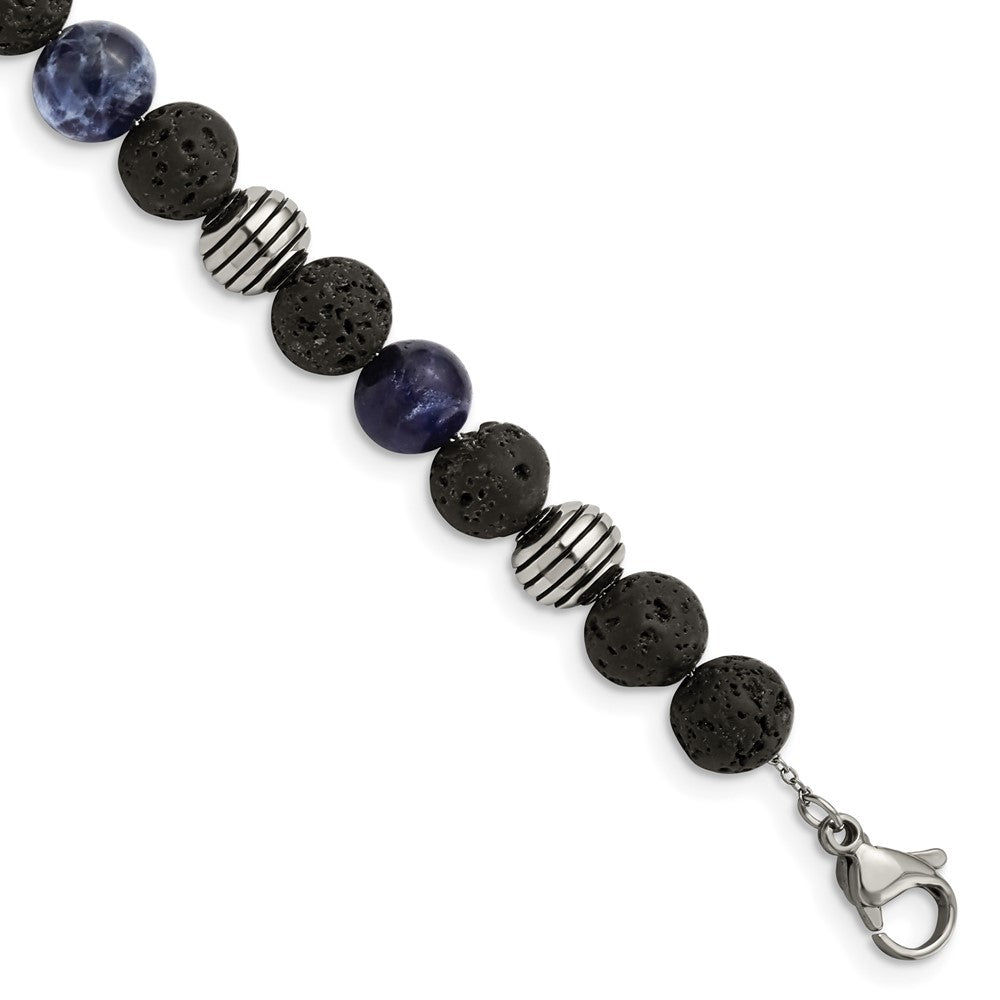 Stainless Steel Antiqued & Polished Lava Stone/Sodalite w/1in ext Bracelet 7.25 inches