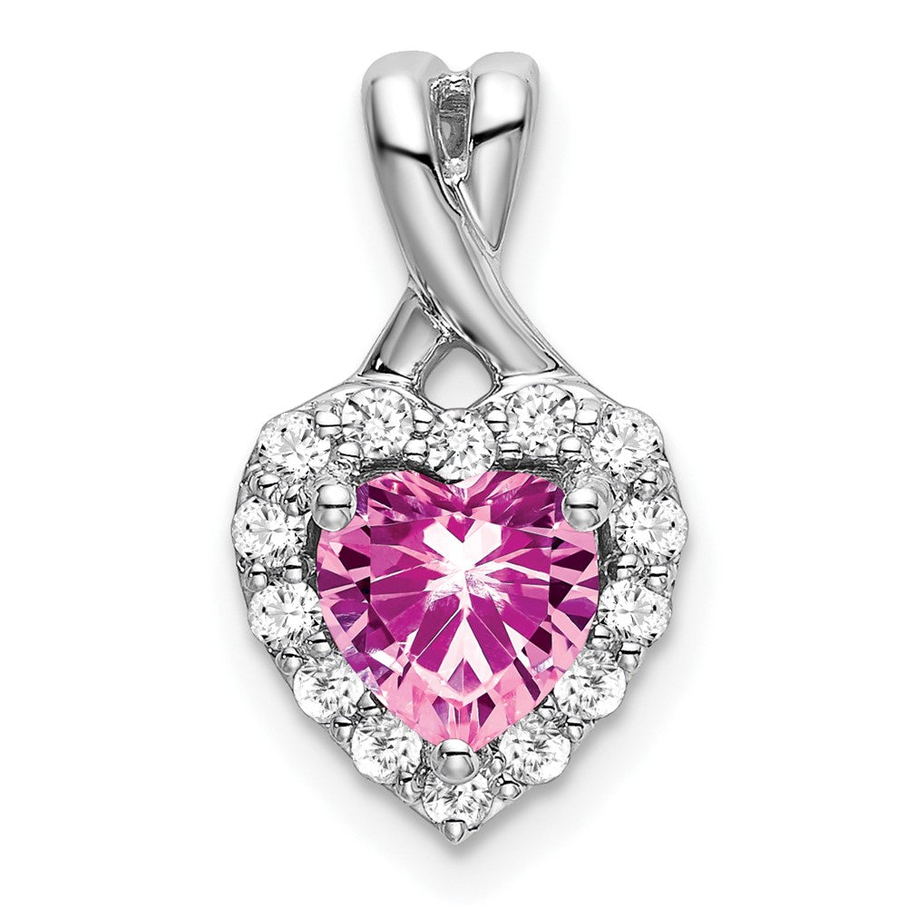 14k White Gold 1/5 carat Lab Grown Diamond VS/SI+ G+ and Lab Created Pink Sapphire Heart Pendant