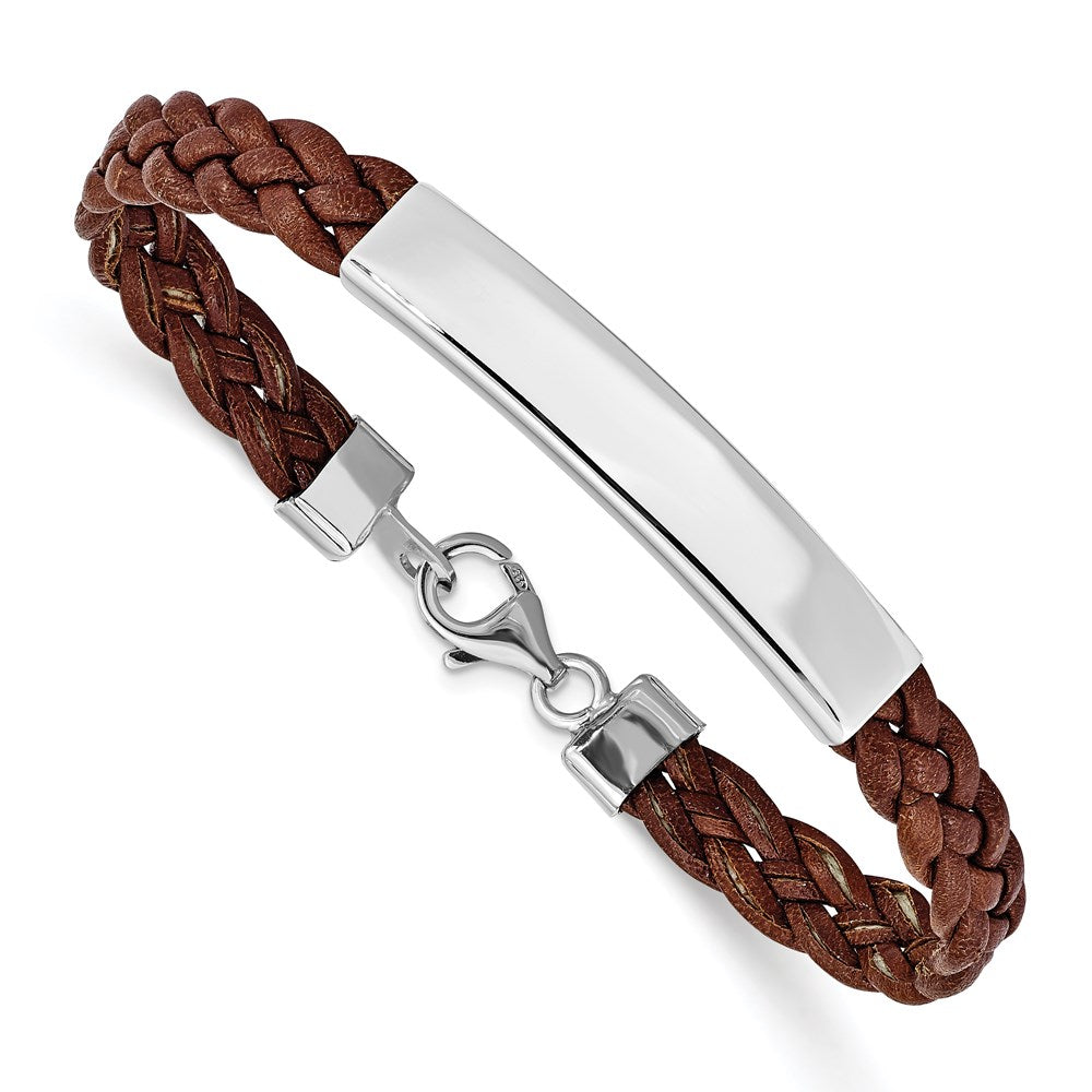 Sterling Silver Rhodium-plated Brown Braided Leather Bracelet 7 inches
