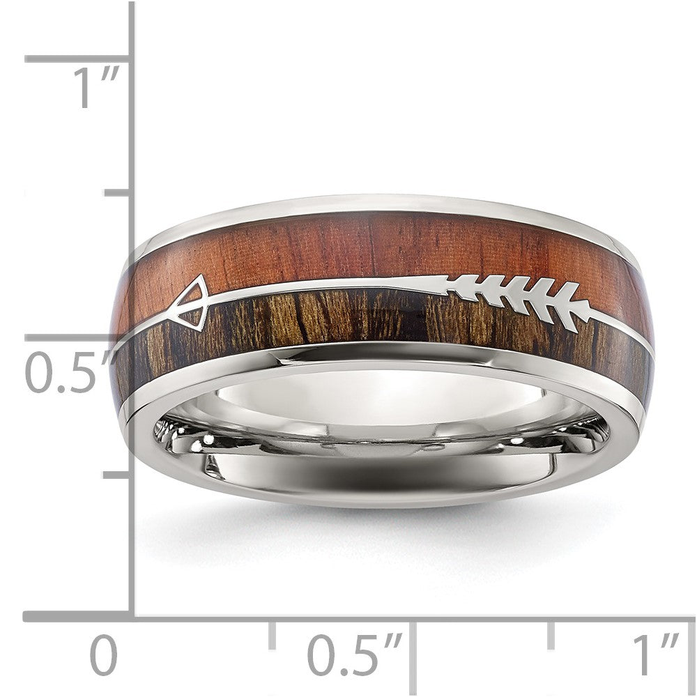 Stainless Steel Polished with Wood Inlay Arrow 8mm Band Size - 10