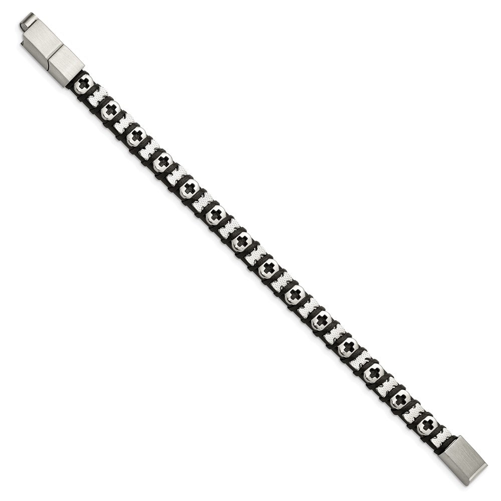 Stainless Steel Polished Cross Black Leather 8in w/.5in ext Bracelet 8 inches