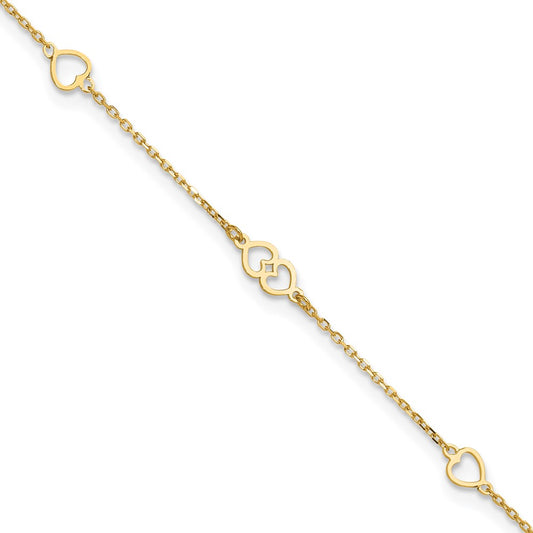 14K Polished Hearts 9in Plus 1 in ext. Anklet