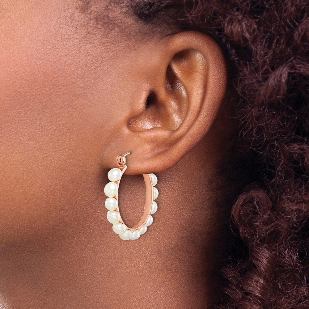 Sterling Silver Rose-tone 18k Flash Gold-plated 4-5mm White Button Freshwater Cultured Pearl Hoop Earrings