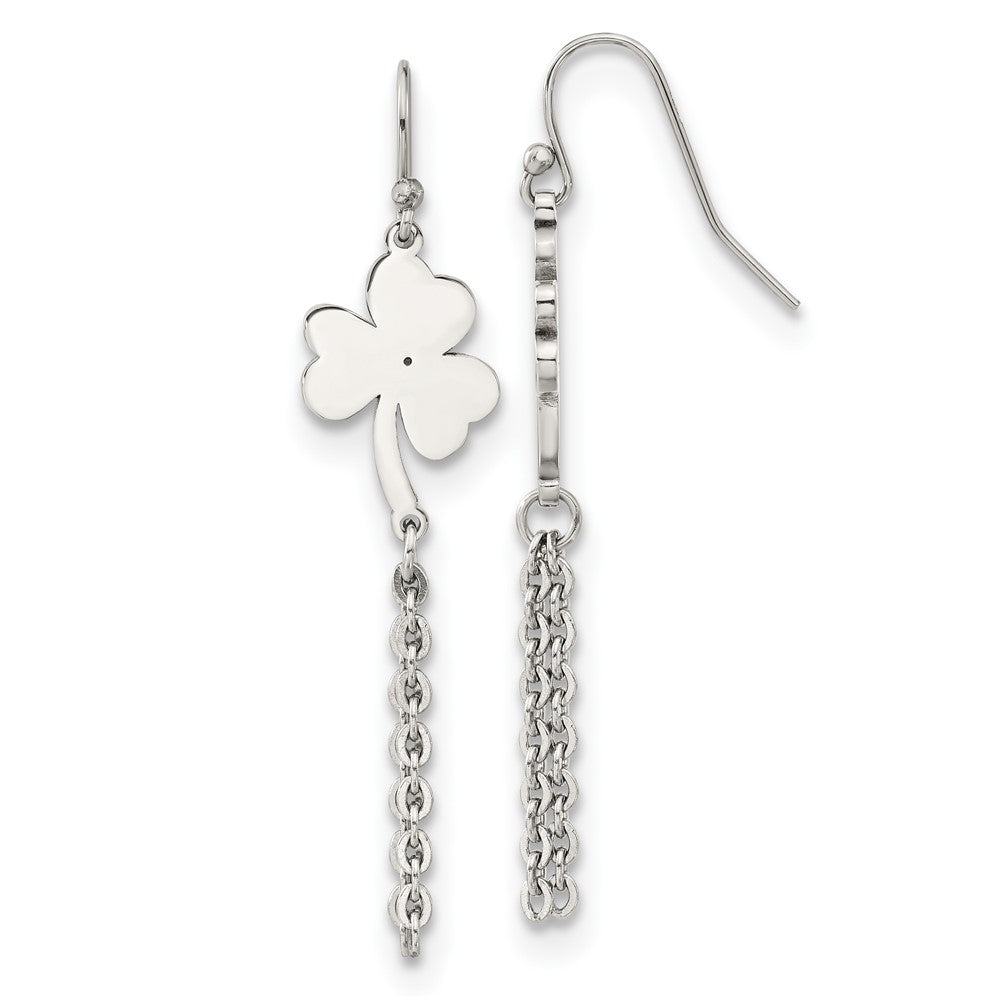 Stainless Steel Polished 4-Leaf Clover Dangle Shepherd Hook Earrings