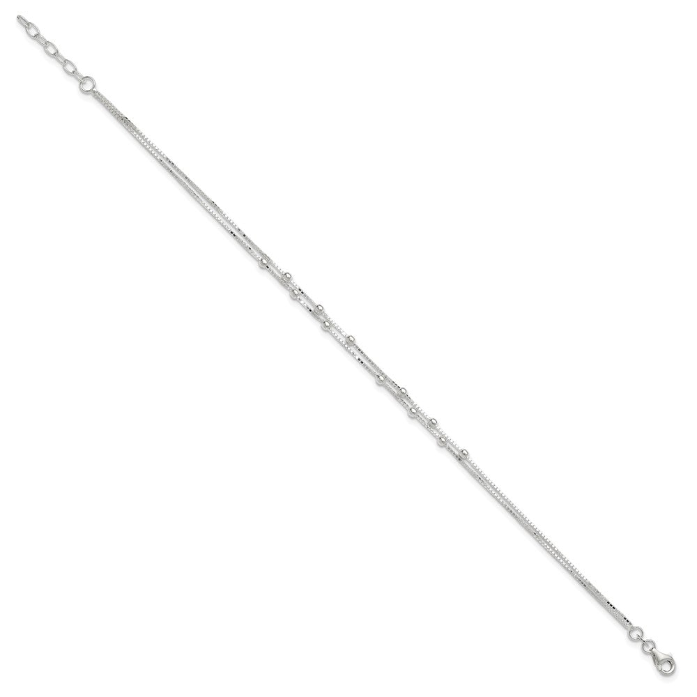 Sterling Silver Polished Beaded 2-strand 9 inch Plus 1 inch ext. Anklet 9 inches