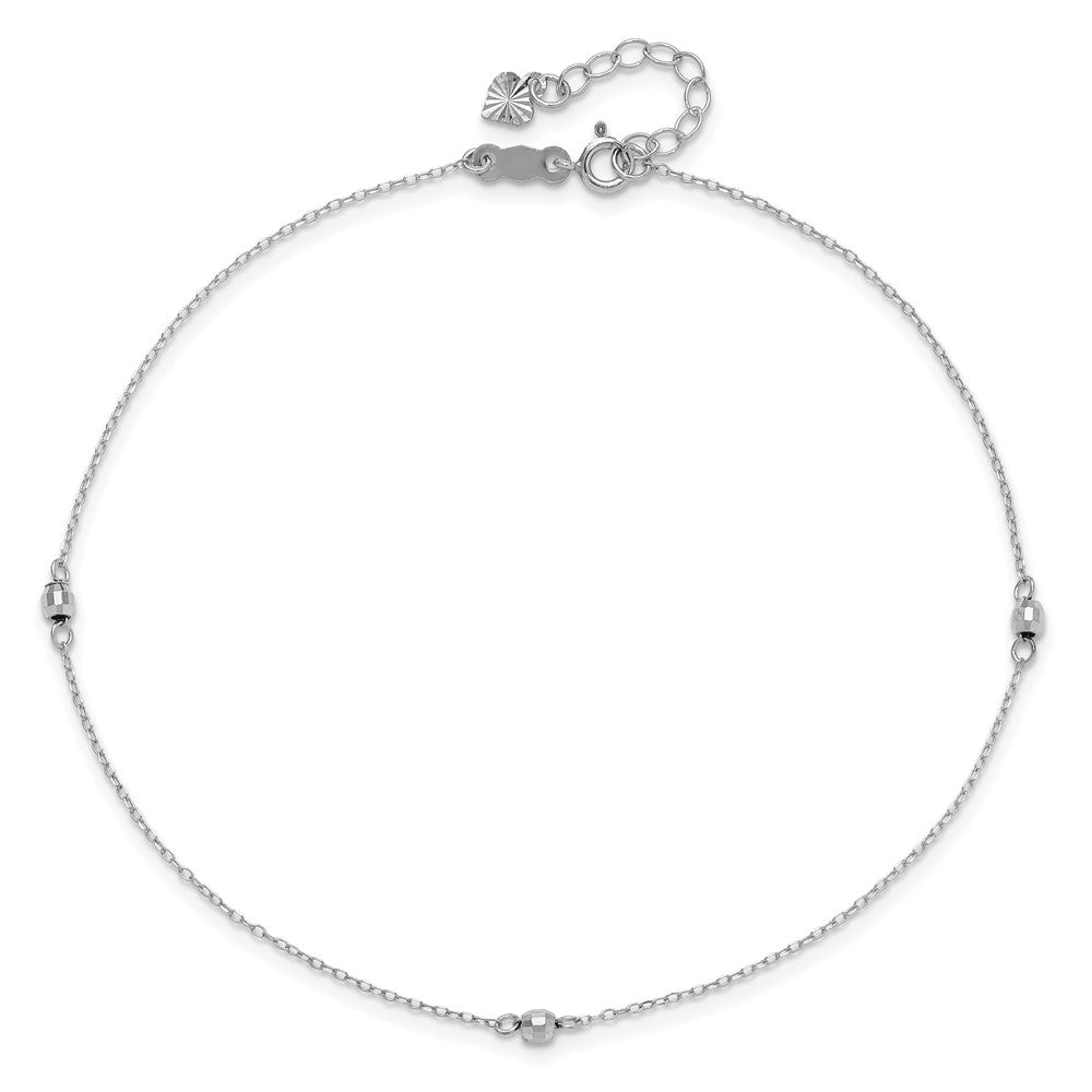 14K White Gold Mirror Beaded 9in Plus 1in ext. Anklet 9 inches