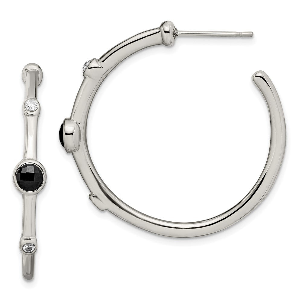 Stainless Steel Polished w/Black Onyx and CZ Post Hoop Earrings