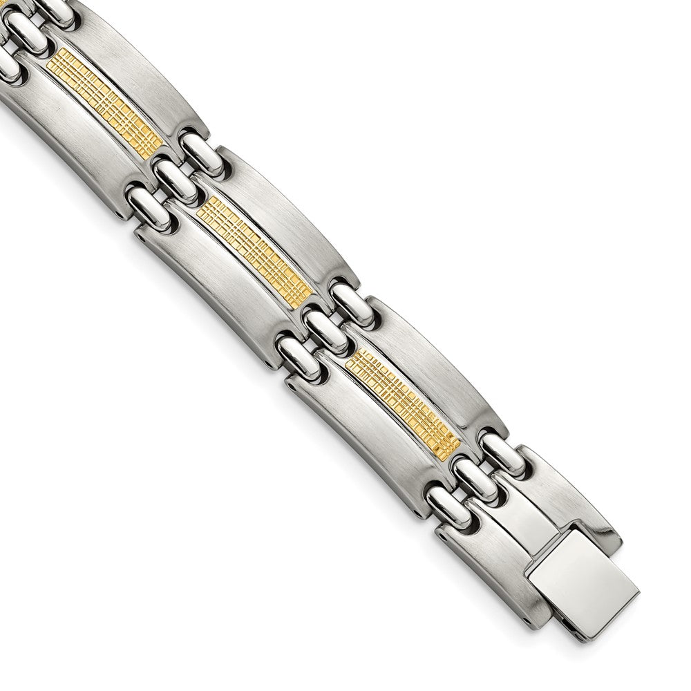 Stainless Steel with 14k Accent 8.5in Brushed and Polished Link Bracelet 8.5 inches