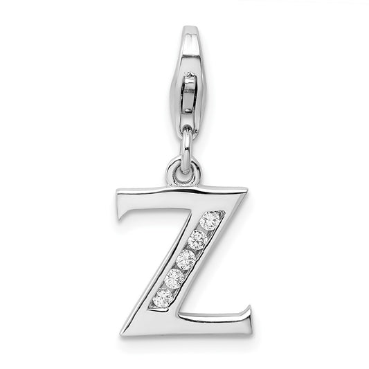 Amore La Vita Sterling Silver Rhodium-plated Polished CZ Letter Z Initial Charm with Fancy Lobster Clasp