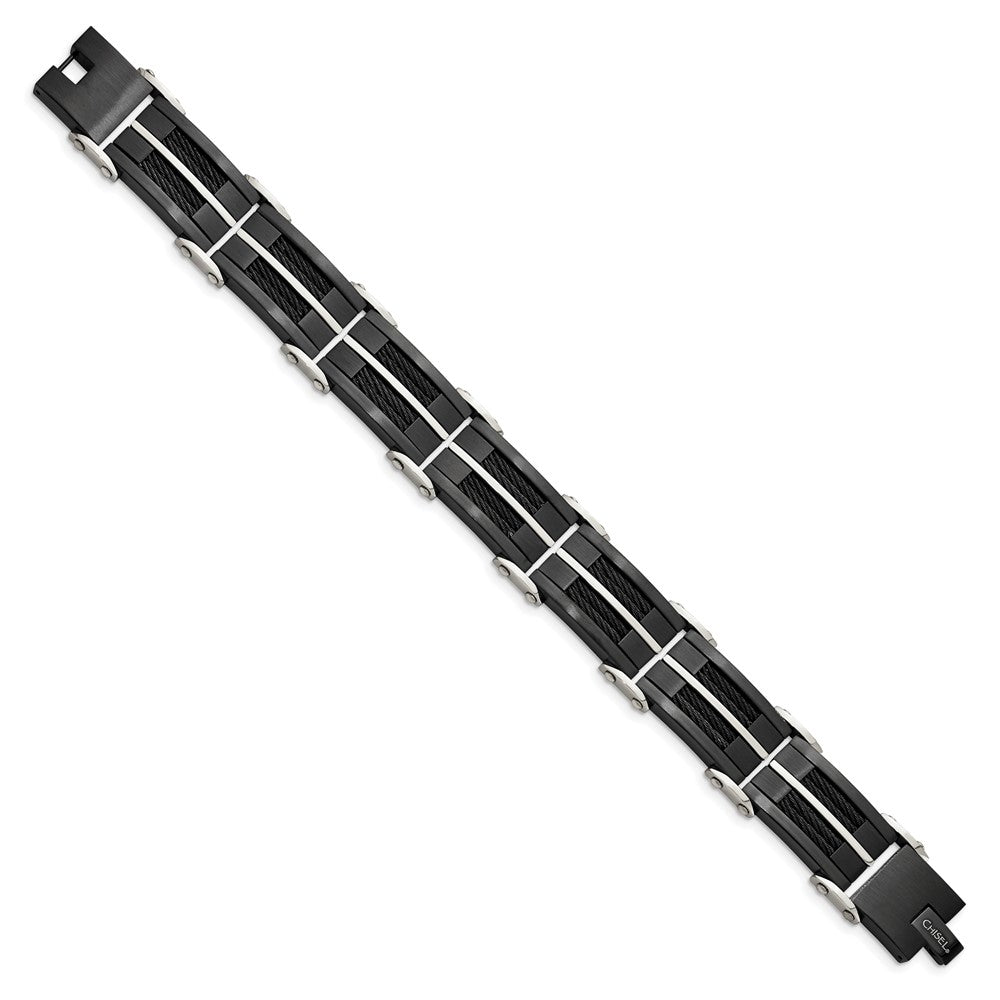 Stainless Steel Brushed and Polished Black IP-plated Wire 8.75in Bracelet 8.75 inches