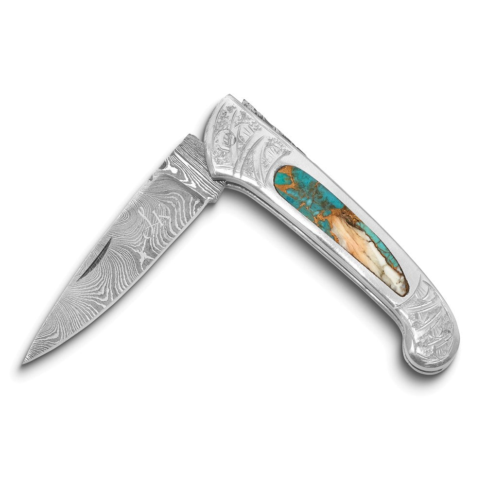 Luxury Giftware by Jere Damascus Steel 256 Layer Folding Blade Compressed Spiny Oyster, Turquoise, Bronze and Resin Inlay Handle Knife with Leather Sheath and Wooden Gift Box