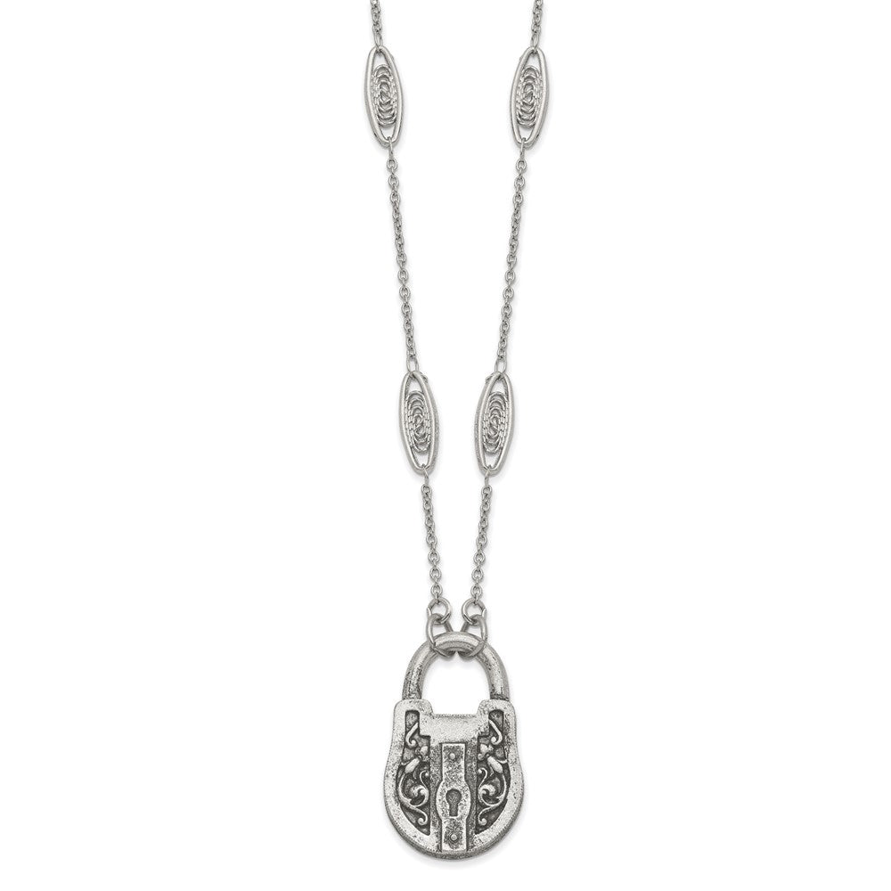 1928 Jewelry Silver-tone Fligree Stations and Aniqued Pewter-tone Vintage Filigree Pattern Lock 30 inch Necklace