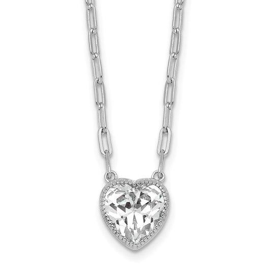Sterling Silver Rhodium-plated Polished Heart CZ with Paperclip Chain 16 inch with 1.75 inch Extension Necklace