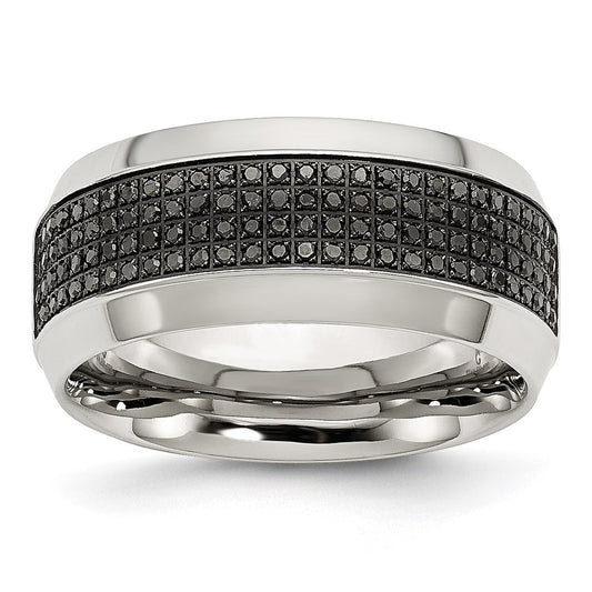 Stainless Steel Polished 1/3ct Black Diamond 10mm Band Size - 8.5