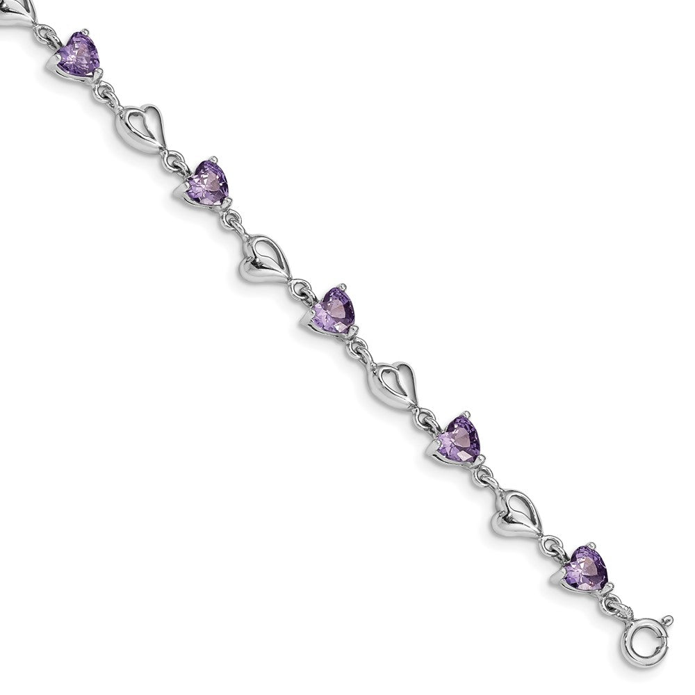 Sterling Silver Rhodium-plated w/1in ext Purple Crystal Hearts Bracelet 6.5 inches