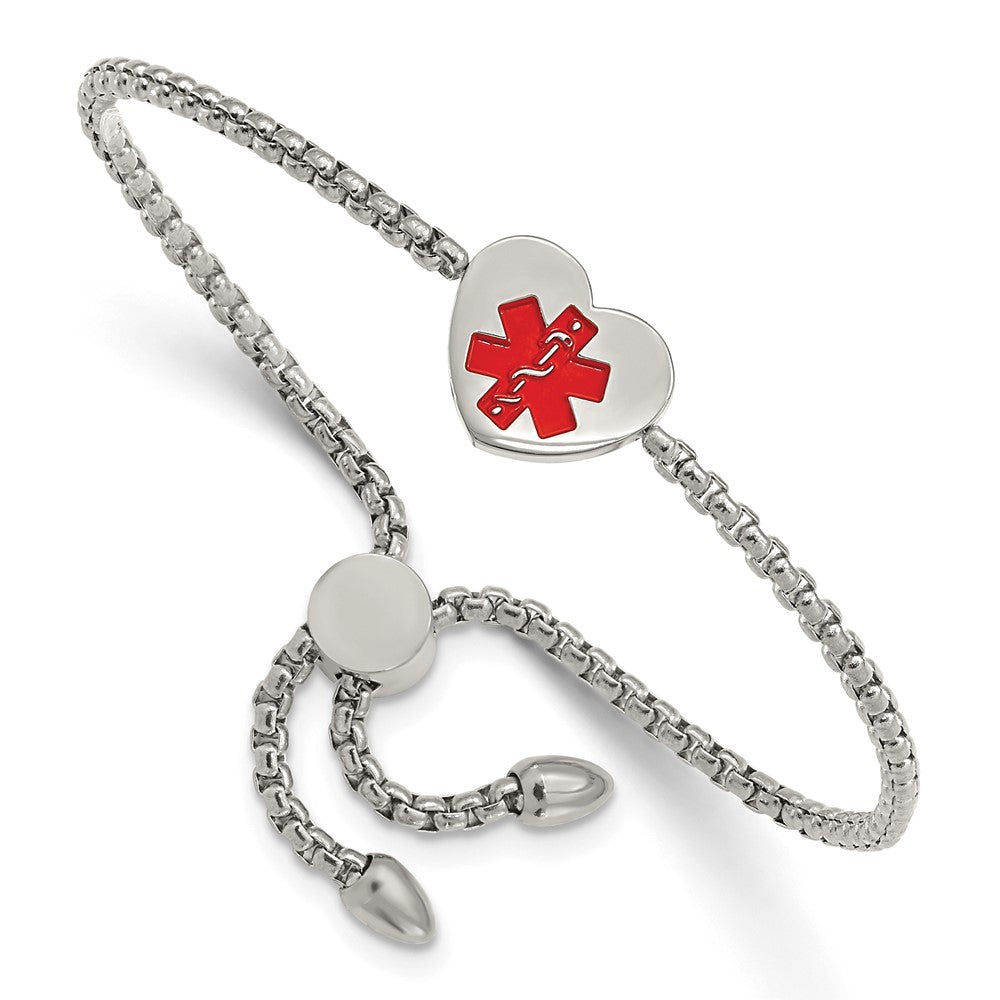 Stainless Steel Polished Red Enamel Heart Medical ID Adjustable Bracelet 8.5 inches