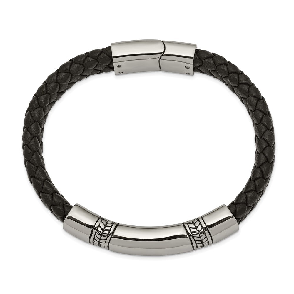 Stainless Steel Antiqued and Polished Black Leather 8.25in ID Bracelet 8.25 inches