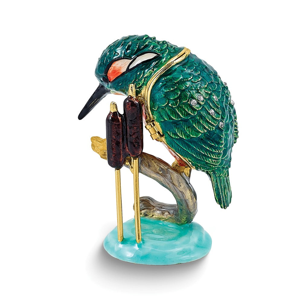 Luxury Giftware by Jere Bejeweled KIWI Kingfisher Bird on Branch Trinket Box with Matching 18 inch Necklace