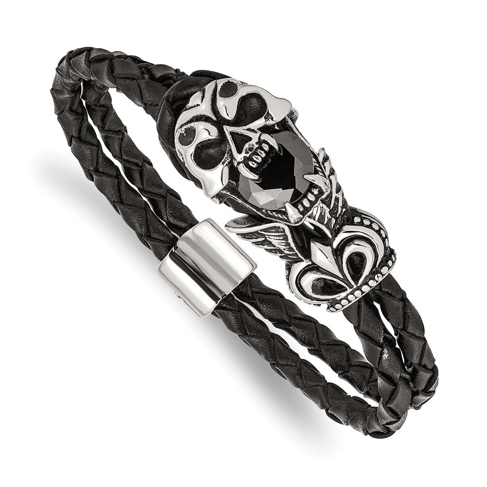 Stainless Steel Antiqued and Polished Enameled w/Glass Leather Bracelet 8.5 inches