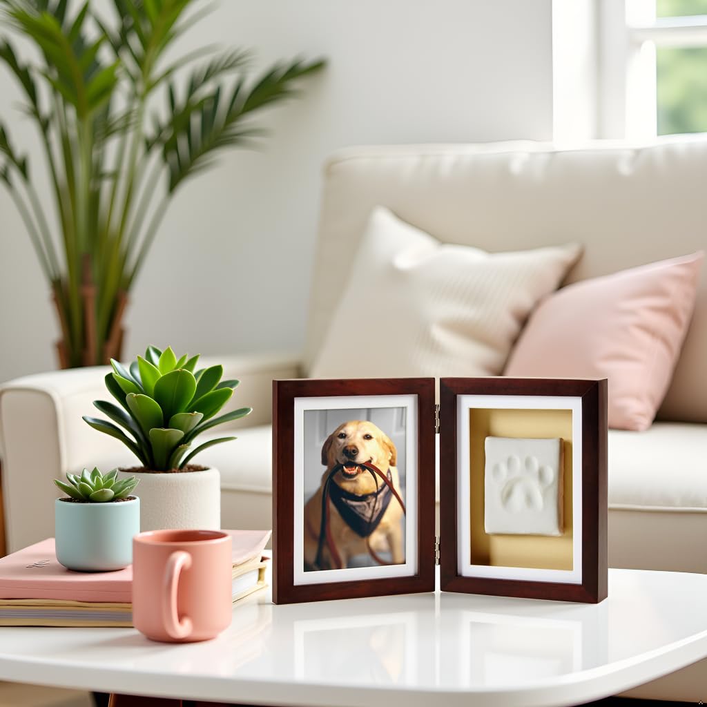 Pearhead Pet Pawprints Wood Tabletop Picture Frame Kit for Dogs and Cats, Brown, 4" x 6"