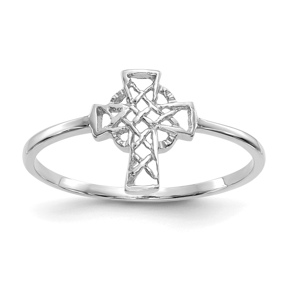 14k White Gold Polished Celtic Cross Ring Size 7