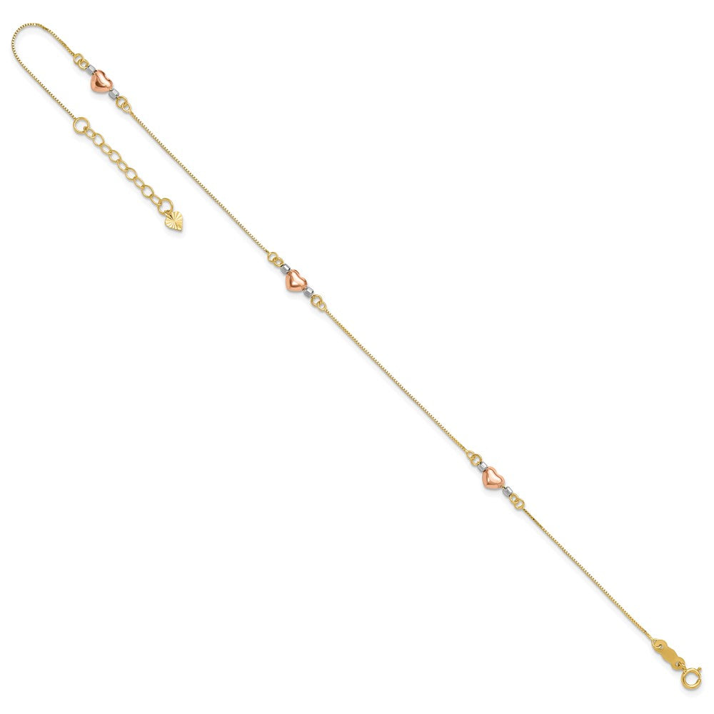 14k Tri-Color Puffed Heart 9in Plus 1in ext Anklet 9 inches