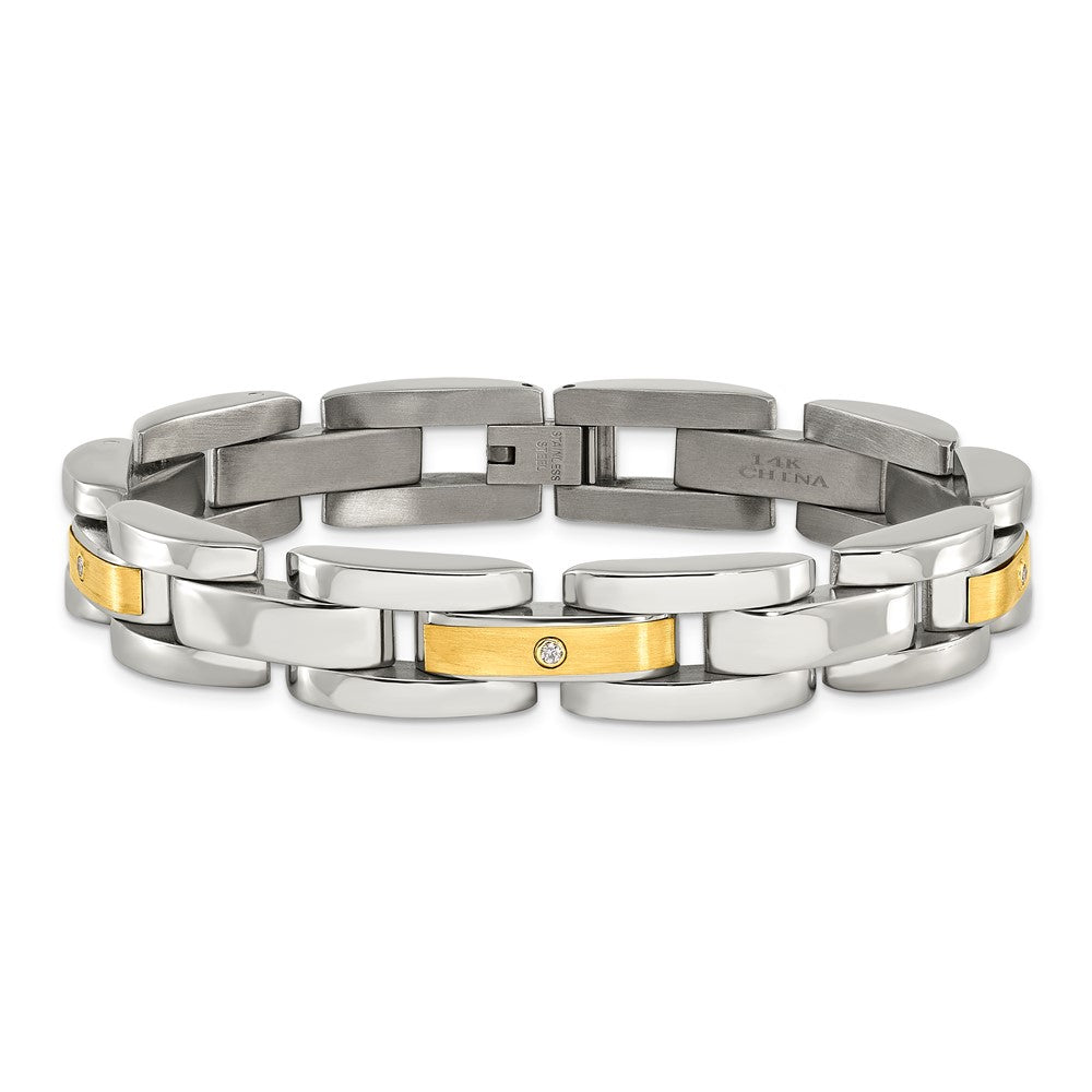 Stainless Steel w/14k Accent 8.25in Brushed & Polished w/Diamonds Bracelet 8.5 inches